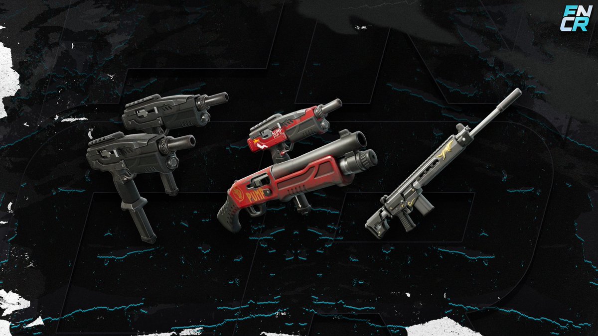 FNcompReport's tweet image. Weapons spotted at the Fortnite Chapter 7 creator event:

- Enforcer AR
- Dual Micro SMGs
- Pump N Dump
- M16 looking AR
- Sniper/DMR
- Shotgun (looks similar to two-shot shotgun)

Season is giving me Wrecked vibes, map wise.