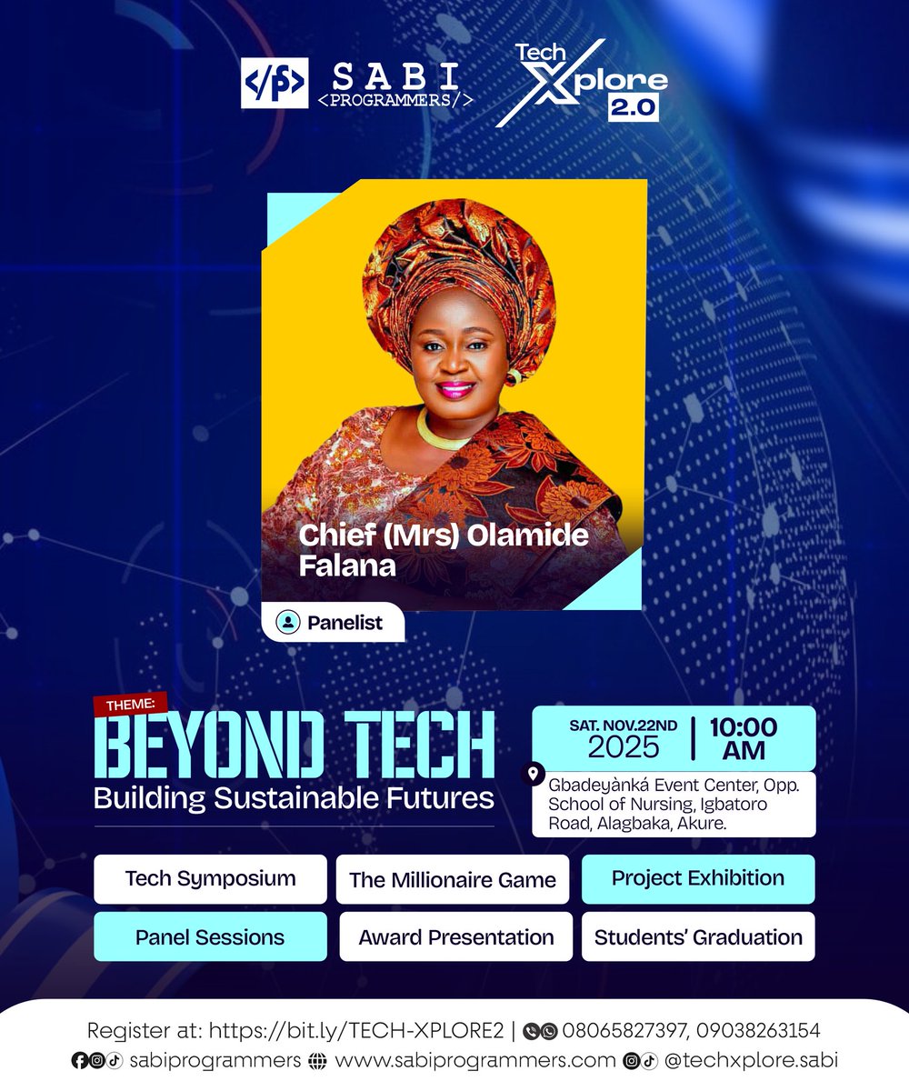 SabiProgrammers's tweet image. Proudly announcing one of our amazing panelists, for tech xplore 2.0, Chief Mrs Olamide Falana

If you wish to connect and tap from her wide knowledge and experience,

then attend tech xplore 2.0 for free

Registration link in the first comment 
#TechXplore #techevent #akuretech