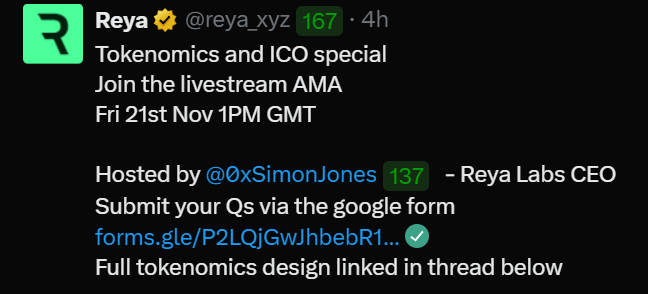 Tokenomics &amp; ICO AMA goes live Friday, Nov 21 — 1PM GMT 🗓️

They’ll break down:

• $REYA ICO mechanics
• Token design &amp; utility
• Execution-layer rollup vision

Community questions are now open.
If you’re bullish on Reya then don’t miss it. 🔥
