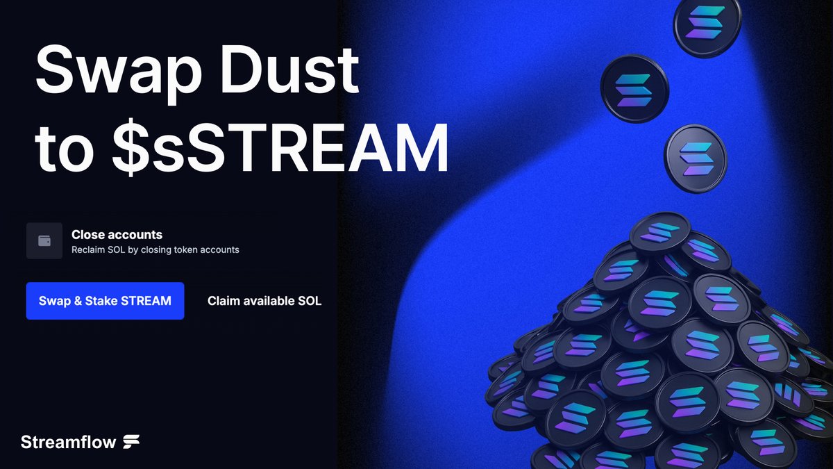 streamflow_fi's tweet image. Turn @Solana dust into real yield 🧹

Beyond just $SOL, our Dust Collector now converts low-value token accounts into reward-generating staked $STREAM 

Clean your wallet ✓
Swap &amp;amp; stake your dust  ✓
Earn rewards from protocol revenue ✓