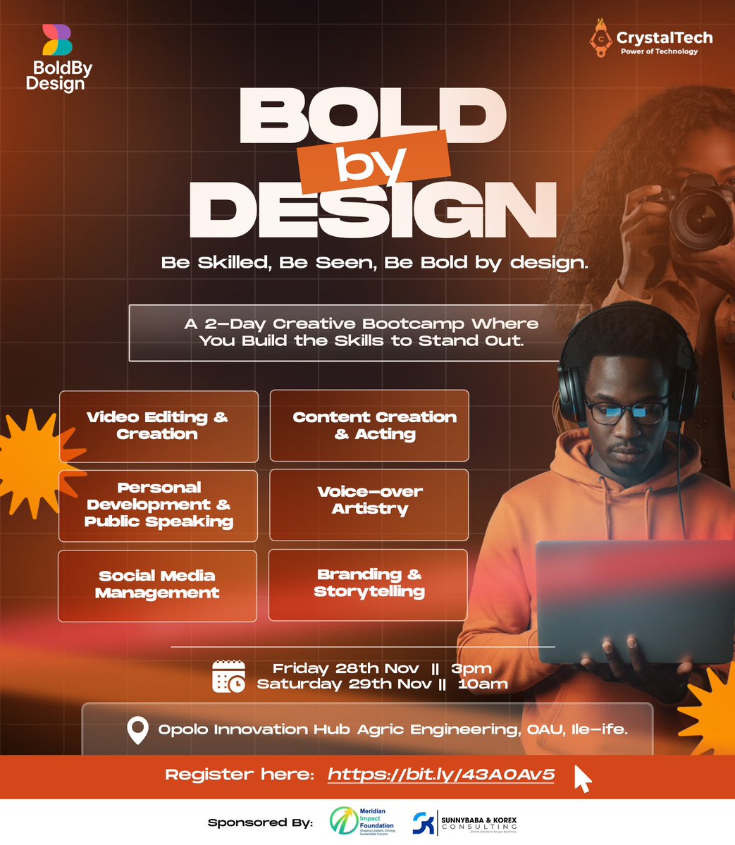 CrystalTechLtd's tweet image. You have the talent, now turn them into real skills 🤝🚀
CrystalTech presents BoldByDesign, a 2-Day Creative Bootcamp designed to help you stand out.
📅 Date:
Fri, Nov 28 — 3pm
Sat, Nov 29 — 10am
📍 Opolo Innovation Hub, OAU Ile-Ife
Secure your seat! 👇
forms.gle/9mNmnF3kRQAEdF…