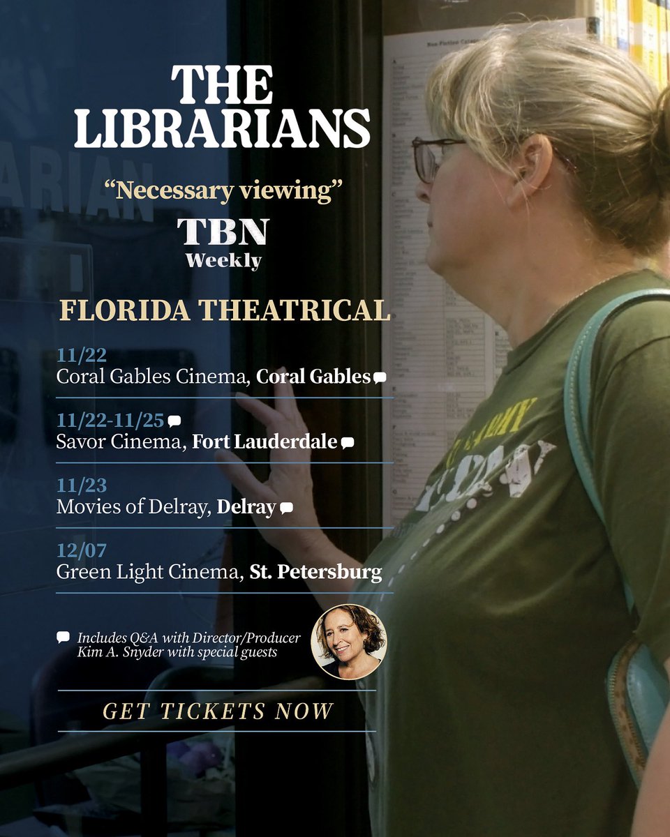 LibrariansFilm's tweet photo. FLORIDA - join Director/Producer Kim A. Snyder for Q&amp;A screenings this weekend!

FL is the hardest hit state in the country with 2,304 instances of book bans for the 2024-2025 school year. 

Learn how to fight this censorship &amp; get tix now: https://t.co/47dJwHDR1S https://t.co/nDK1BI5zGr