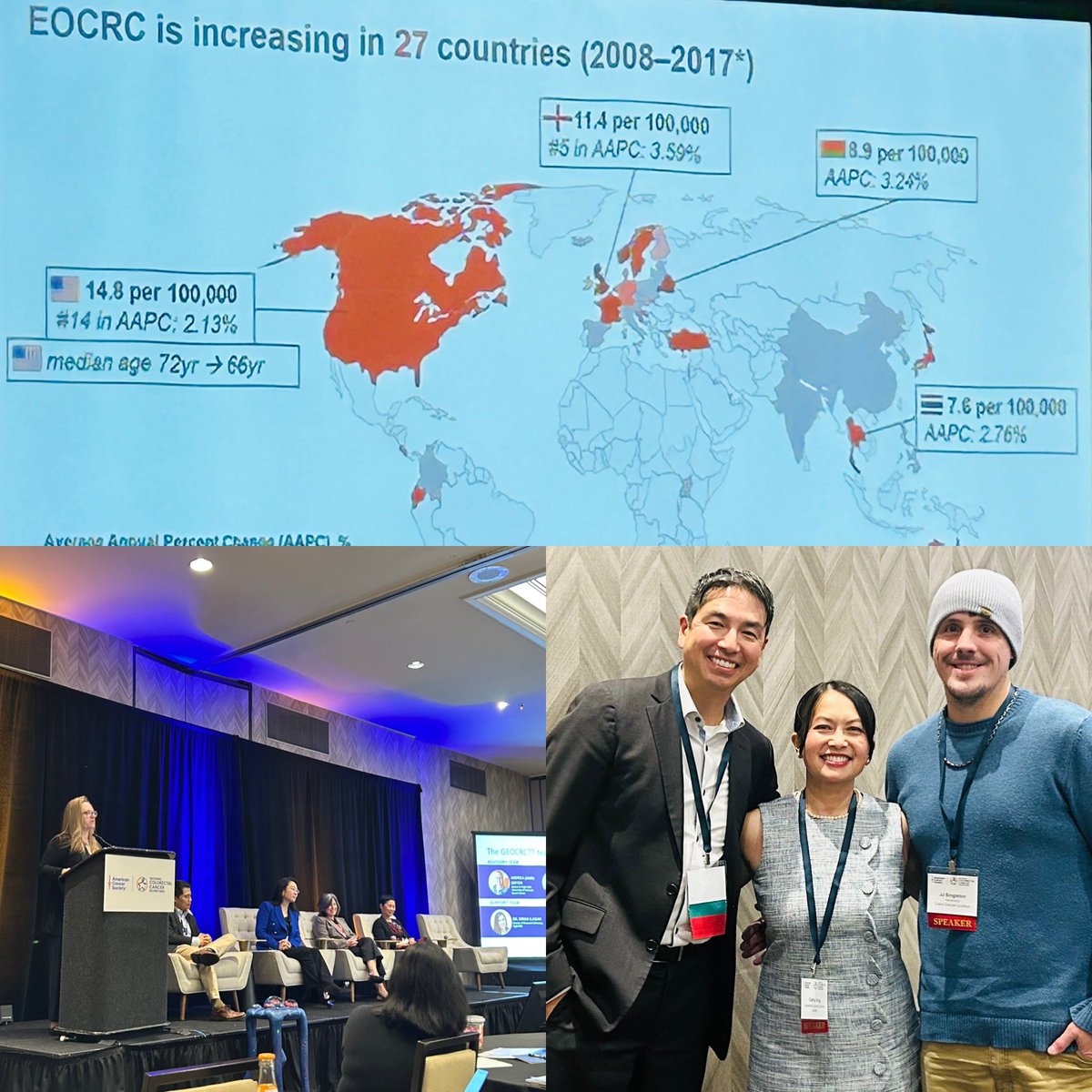 CathyEngMD's tweet photo. LOVED participating at the @acs #NCCRT meeting (which commonly focuses on #colorectal #cancer #prevention) with my colleague, #DrChrisLieu on a new session #treatment of #EOCRC since several pts are too young for screening. @JJSingleton1 = #inspiration #AndiDwyer = #advocacy
➡️ EOCRC is still expected to be the leading cause of cancer death
➡️ #Hispanic and #americanindians will have the ⬆️ incidence
⬆️ Good 👍 news: screening has improved for age appropriate