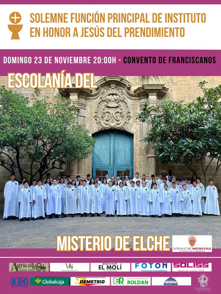 ✝️𝐒𝐎𝐋𝐄𝐌𝐍𝐄 𝐅𝐔𝐍𝐂𝐈Ó𝐍 𝐃𝐄 𝐈𝐍𝐒𝐓𝐈𝐓𝐔𝐓𝐎 | Interviene la Escolanía del Misterio de Elche
Domingo 23 de noviembre 2025
20:00 horas
Convento de los Franciscanos, Hellín

#egosum
#prendimientodehellin
#juevesdelprendimiento
#75prendimientohellin