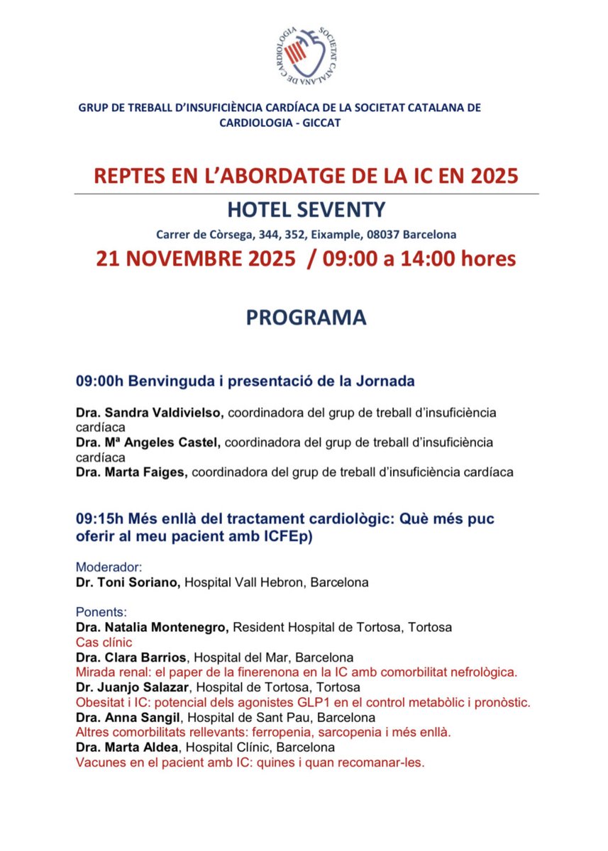 catcardioGICCAT's tweet photo. Us esperem demà!
#cardiologia #insuficiènciacardiaca #GICCAT #catcardio #HeartFailure https://t.co/0EUG4HjWJw