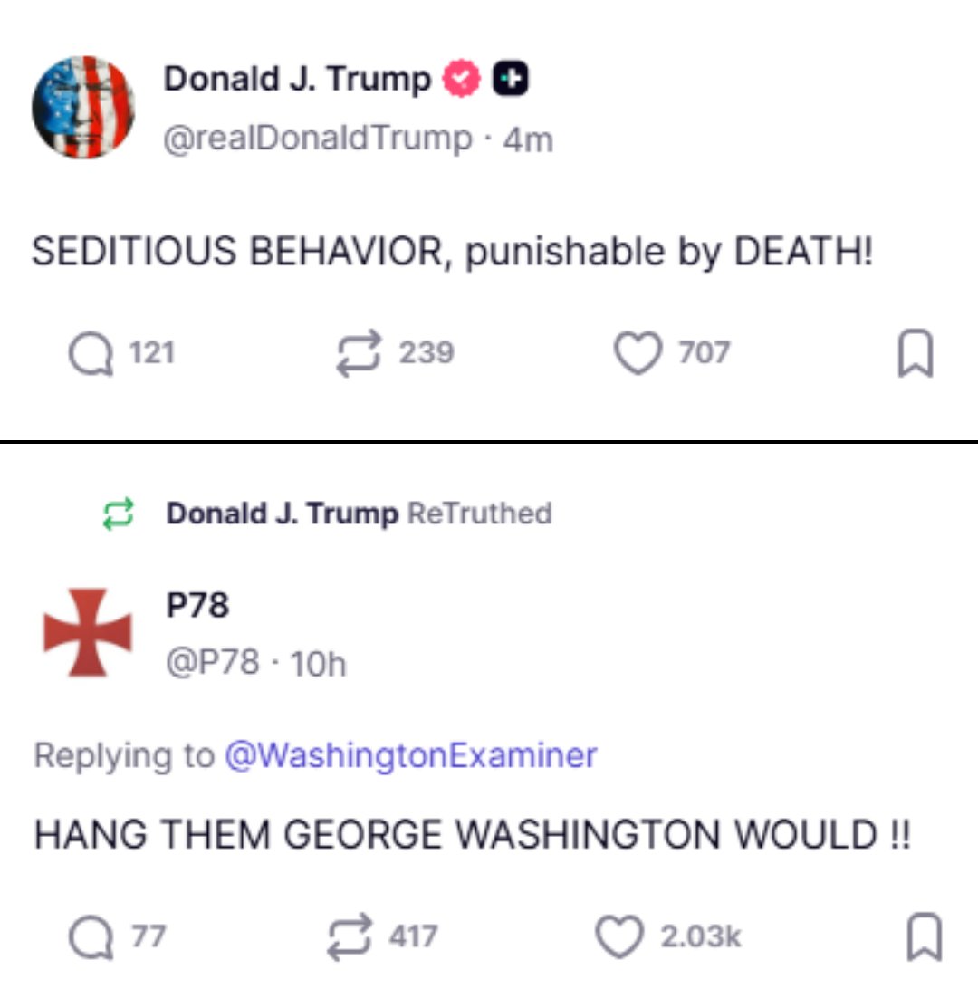 RepVindman's tweet image. You read that right. 

The President of the United States called for six Democratic Members of Congress — all who served our country — to be hanged.

These calls for political violence are unacceptable, yet &quot;President Bone Spurs&quot; continues to stoop to unimaginable lows.
