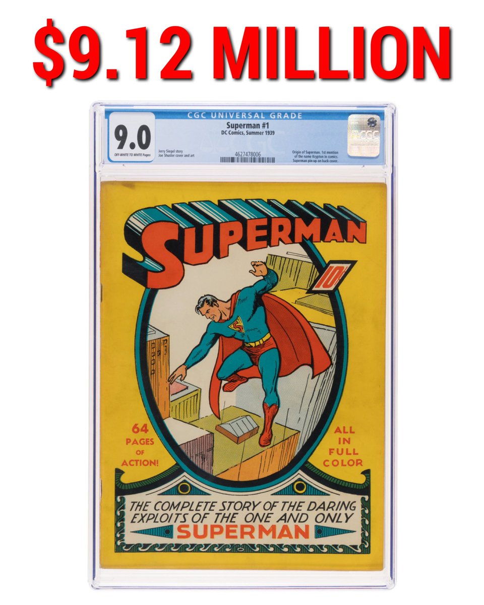 ComicsandCrypto's tweet image. 🚨SOLD FOR $9.12 MILLION🚨

The Superman #1 CGC 9.0 has officially sold @HeritageAuction for $9.12 MILLION! This is now the highest sale in comic book history! 

Top 5 Highest Comic Sales of All Time:

1. Superman #1 (CGC 9.0) – $9.12M
2. Action Comics #1 (CGC 8.5) – $6.0M
3.…