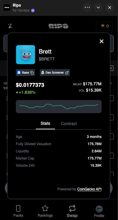 NEW in Rips app: tap any token on the Swap page to pull up stats, charts, and project details.  

Another small quality-of-life update toward making onchain token discovery feel fun and familiar 💥