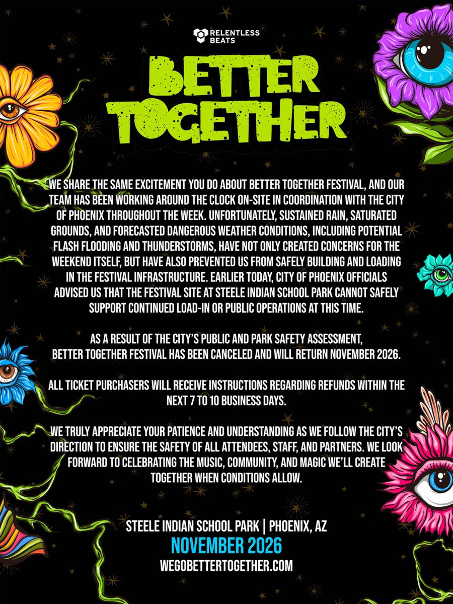 Better Together has been canceled this weekend in Phoenix due to ongoing rain and site conditions.