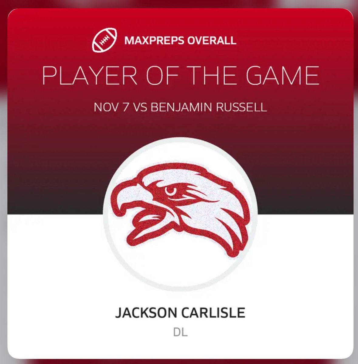 JackCarlisle55's tweet photo. Last game of Senior Year..1st Round Playoff OVERALL PLAYER OF GAME vs Benjamin Russell🙏🏽🏈‼️Forever a Falcon 🦅@DeMario_Pippen @Coachjsmith5 @coachswift64 @CHSFalconsFTBL @247Sports @Alabama_Varsity @PrepRedzoneAL @RivalsHS @AL6AFootball https://t.co/4GFhFSkv4o