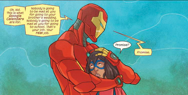 EmbiggenedFan's tweet image. Obviously, Iron Man is far from a saint, but he truly cares deeply for Kamala. I think their relationship is really sweet.
