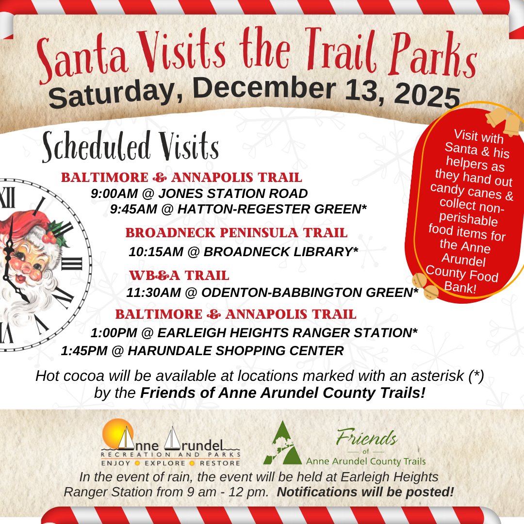 🎅 Santa Visits the Trail Parks! 🚂
Santa and his helpers are trading the sleigh for the trails this December! Join us for a special day of scheduled visits along the B&amp;A, Broadneck Peninsula, and WB&amp;A Trails on Saturday, December 13, 2025!