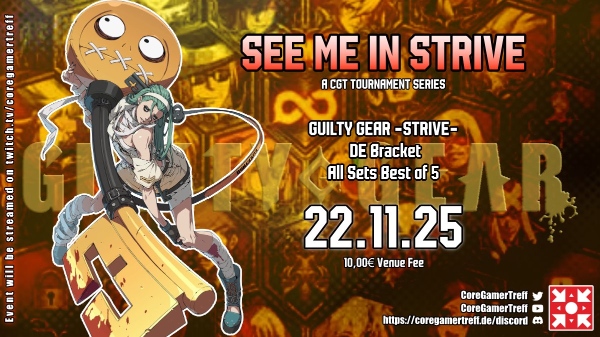 Diesen Samstag findet zum ersten mal ein #GuiltyGearStrive Turnier bei uns statt und <a href="/SchinkenOwO/">Schinken</a>  wird sich zukünftig, um Strive locals bei uns bemühen.
Hier könnt ihr euch dafür anmelden:
start.gg/tournament/see…