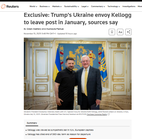 Det annonseras att cornflakes-generalen ska lämna samtidigt som Steve Witkoff och Kirill Dmitrievs plan annonseras och får grönt ljus från Trump.
På tiden.