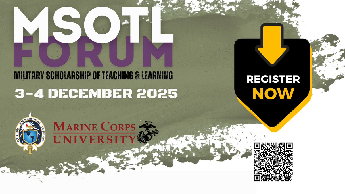MarineCorpsU's tweet image. There&apos;s still time to register for the 6th annual hashtag#MSOTL Forum. This conference on 3-4 December is completely virtual and free to attend.

Register: buff.ly/Uunh0Xs 

#PME #OPME #MSOTL #MarineCorps #MCU