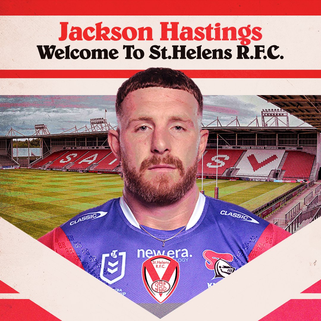 Saints1890's tweet photo. ✍️ 𝗛𝗔𝗦𝗧𝗜𝗡𝗚𝗦

Man of Steel Award winner and Great Britain international half-back Jackson Hastings joins the Saints on a one-year deal for the 2026 season!

Full story 😇 https://t.co/XyjTIApwPl

#COYS | @JackoHastings
