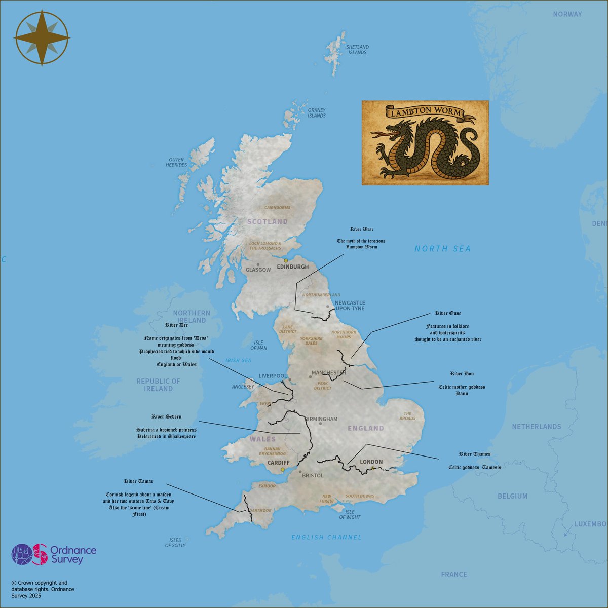 OrdnanceSurvey's tweet image. Surveyor Tim Henry explores the mysticism of Great Britain’s rivers for Day 20 of the #30DayMapChallenge - Water. 💧

This map highlights legendary waterways and the folklore that flows through them, using OS Open Rivers, Boundary Line and GB Overview Maps.