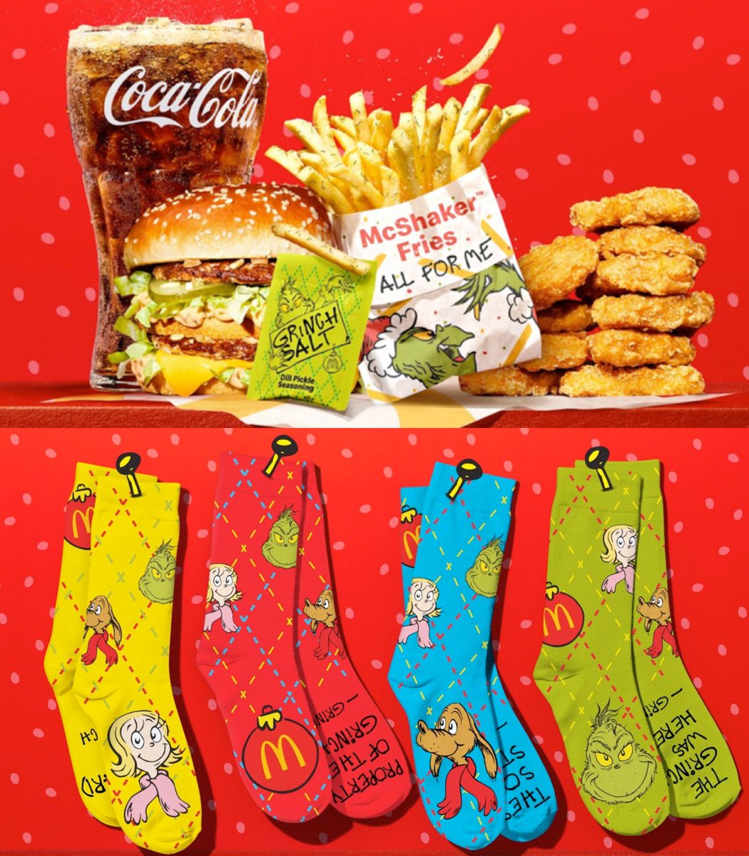 Dexerto's tweet image. McDonald's has launched a Grinch themed meal that comes with pickle McShaker fries and socks