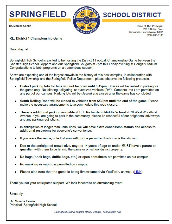 SpringfieldSD's tweet image. Please review this letter for details regarding tomorrow evening&apos;s championship game.