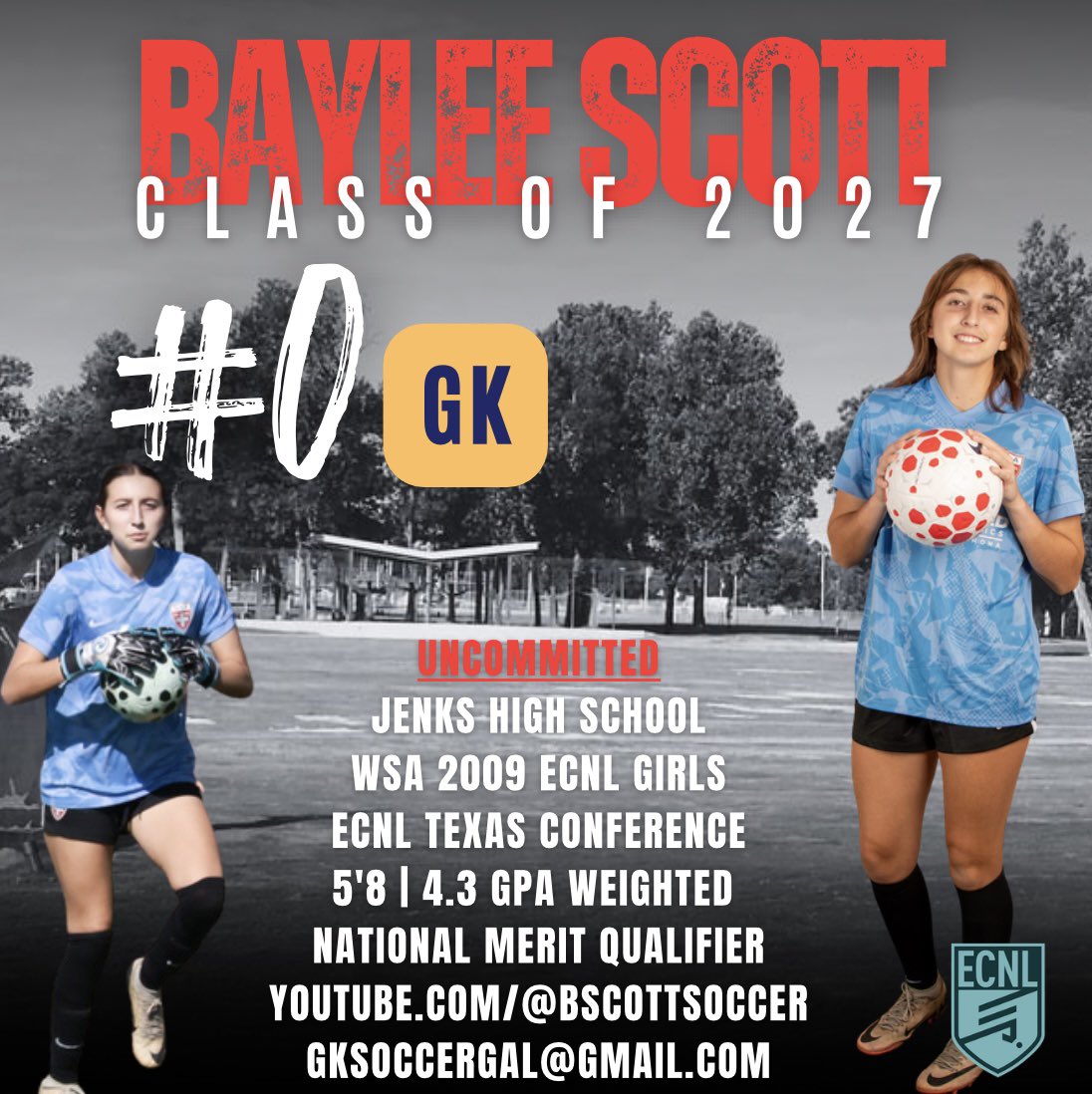 WSA 2009 ECNL Player Highlight:

Our 1st Highlight is #0, Baylee Scott, our GK🧤

Class of 2027 - Uncommitted

She’s not only incredible at ⚽️ Baylee is a National Merit Qualifier. 

Highlights: youtube.com/@bscottsoccer Email: GKSoccerGal@gmail.com

<a href="/BayleeScoSoccer/">Baylee Scott Soccer</a> <a href="/ECNLgirls/">ECNL Girls</a>