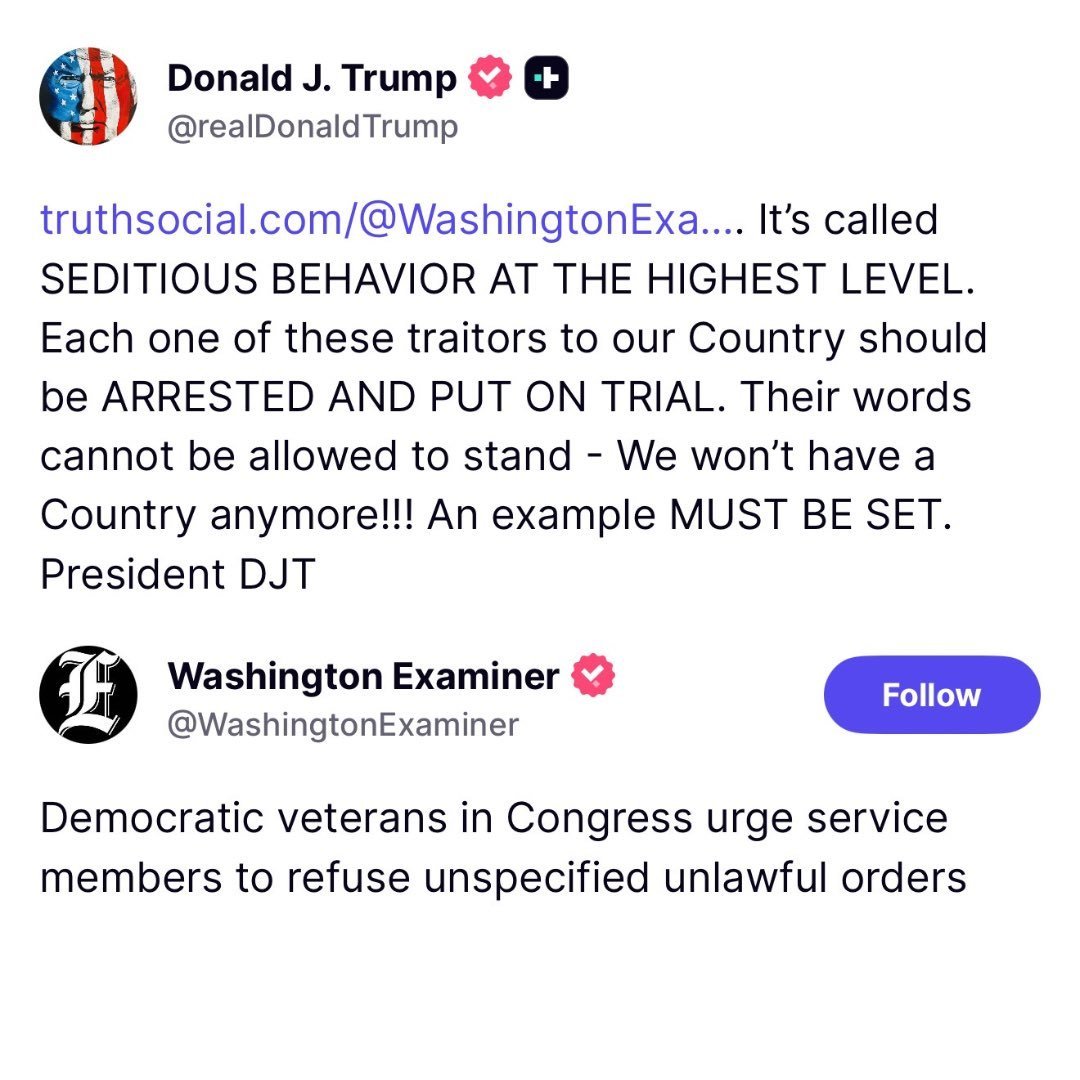 PatriotVerity's tweet image. No, he did not, you fucking liar. Democrats called for military rebellion with no legal precedent. 

What President Trump said is factually correct: Sedition IS punishable by death.    

He did not say &quot;I am going to have these traitor Democrats put to death for encouraging…