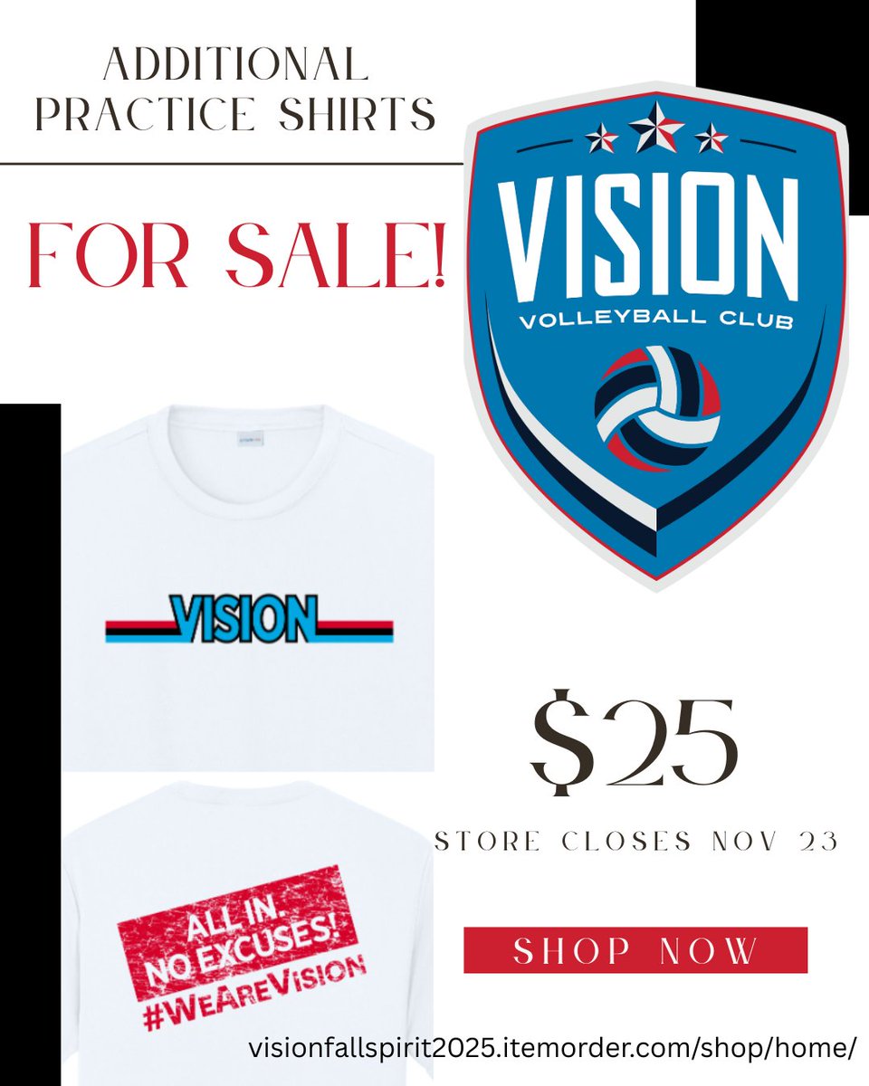 VisionVBClub1's tweet image. Need extra practice shirts? Grab yours now at the JPaul Spirit Wear Store! Stock up and cut down on laundry time. Plus, fans show your support for our 2025 Club Motto: ALL IN. NO EXCUSES! 😤

⏳Store closes November 23 – don’t miss out!
👉Shop now: visionfallspirit2025.itemorder.com/shop/home/