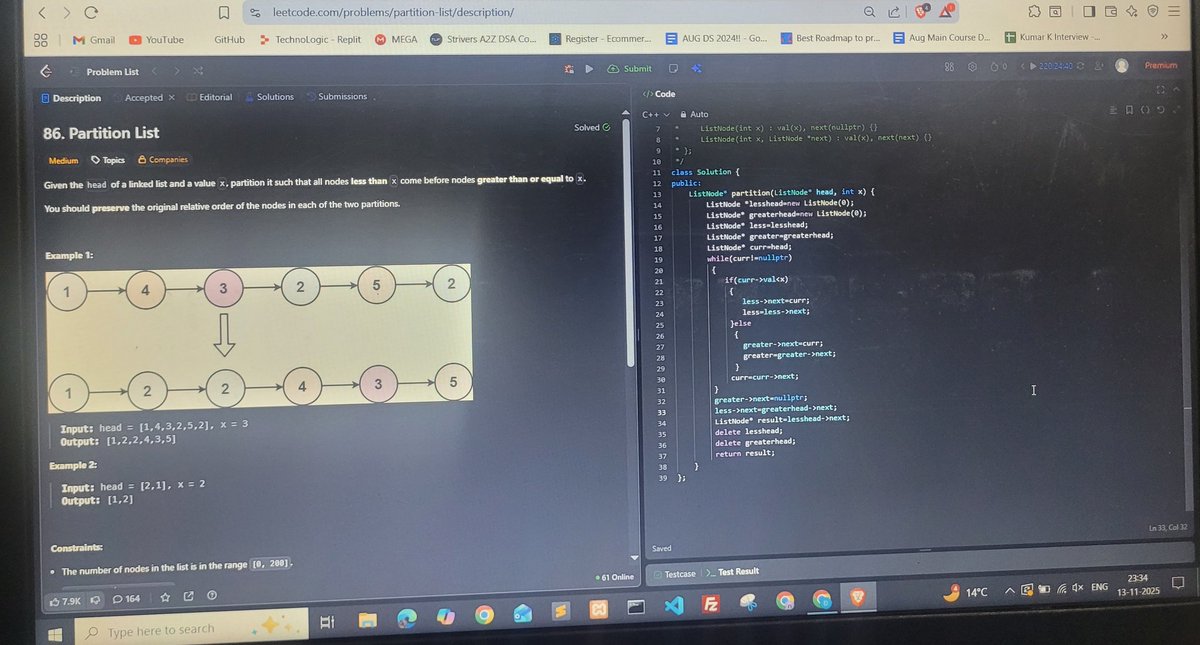 Deepanshu123j's tweet image. #leetcodeproblems 
Done the partitionlist #leetcode86 problem..
Description-&amp;gt; partition such that all nodes less then x comes before nodes greater then or equal to x.
Approach-&amp;gt; make 2 linked list less and greater , iterate over the list check condition if node is less then x so