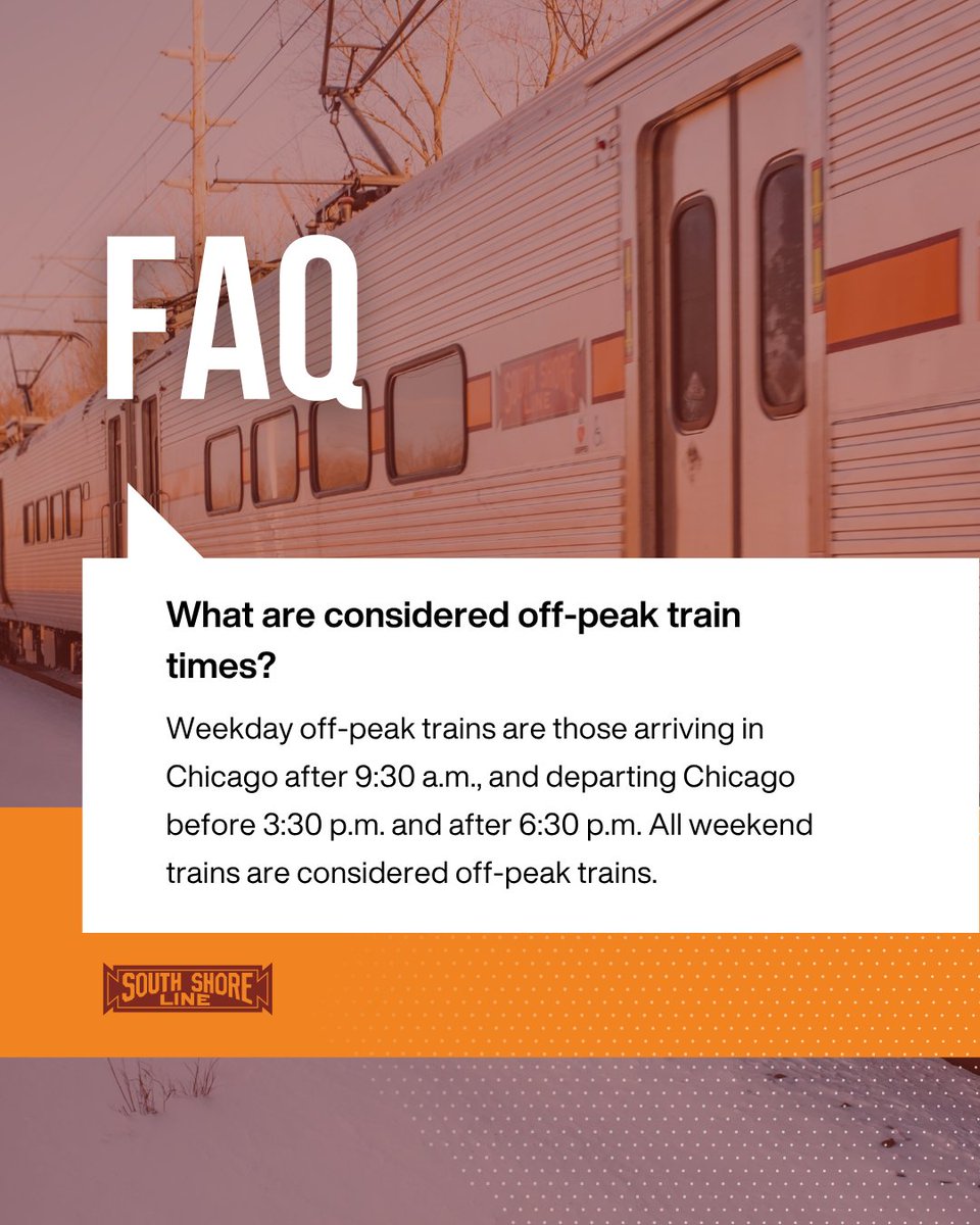 southshoreline's tweet image. Have questions? Some of the answers may be on our FAQ page! If the answer is not there, try our chat. Here&apos;s the answer to off-peak train times. 
We&apos;re always here to help! 
#SouthShoreLine #FAQ