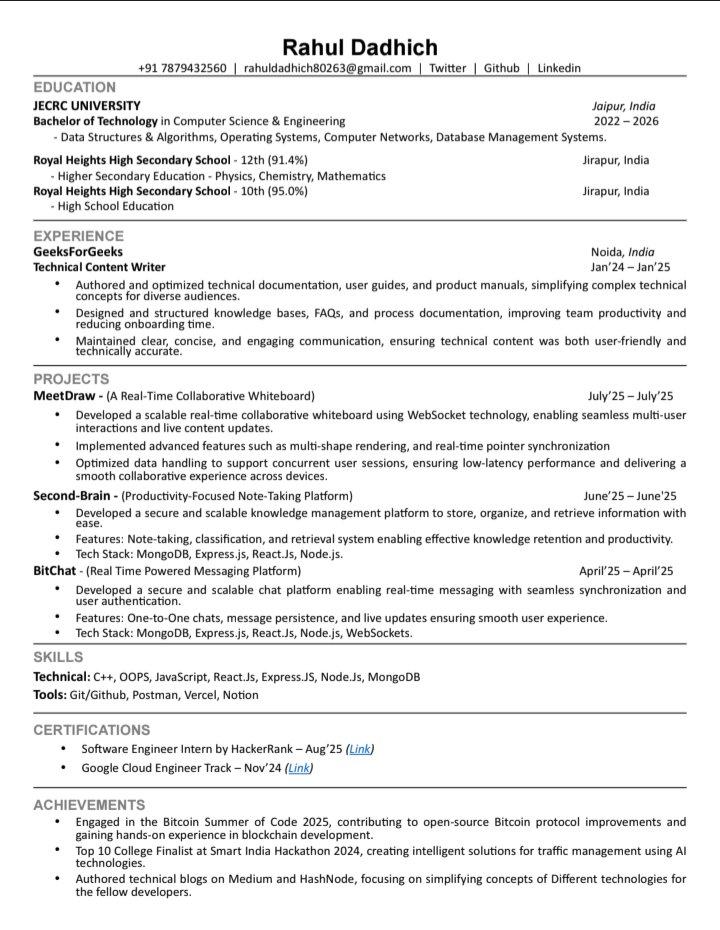 Rahul_Dadhich26's tweet image. Actively looking for an internship or entry-level Software Developer role.
Skilled in C++, Full-Stack Dev, and building real-time applications.
Excited to learn, contribute, and grow with a great team.
Open to opportunities — referrals are appreciated! ✨
#OpenToWork #SDE #Intern