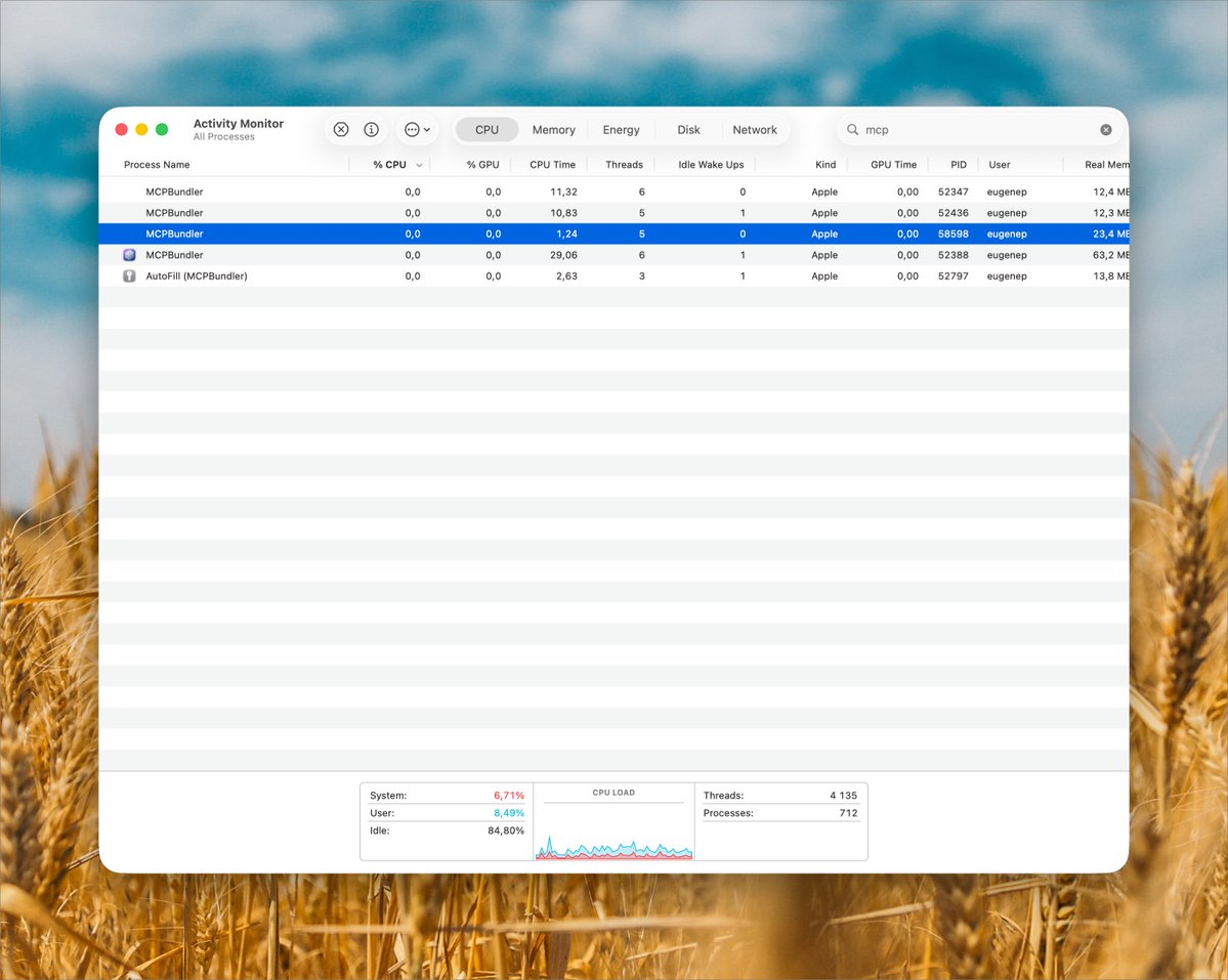 selfhosted_ai's tweet image. Glad fixed annoying CPU bug in #MCPbundler stdio mcp. Was spiking after 1-2 days, now ~0.00% even after 24h.

Such a relief