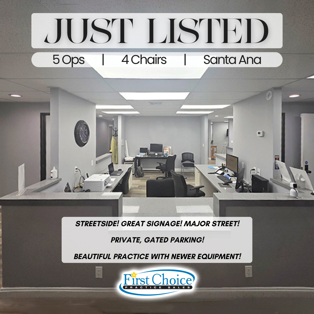 FirstChoicePS's tweet image. New Listing! 🦷 Santa Ana Dental Practice

Listing # 25 - 572
Asking $249,000
5 Ops | 4 Chairs

🔹Streetside! Great Signage! Major Street!
🔹Private, Gated Parking!
🔹Beautiful Practice With Newer Equipment!

Seller started scratch practice to expand and cannot manage second…