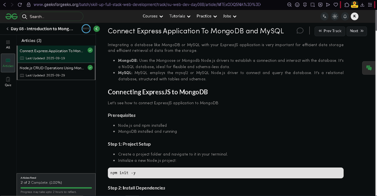 Kamal_M_B's tweet image. Day 68 of Full Stack Web Development 

Today I learned:
• How to Connect Express Appl. To MongoDB and MySQL
• Node.js CRUD Operations Using Mongoose and MongoDB Atlas
(Will implement it tmw.🥱)

Course Link: geeksforgeeks.org/courses/full-s…

#skillupwithgfg #nationskillup @geeksforgeeks
