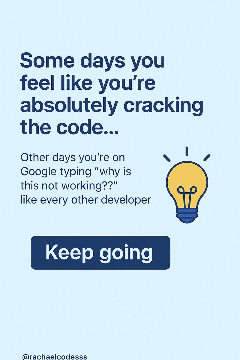 rachaelcodesss's tweet image. Product building is wild... One minute you’re a genius, the next you’re googling “why is this not working” like everyone else 😅

Still, progress is progress, keep going💙

So tell me, what’s your go-to debugging ritual? Refresh? Restart? Console.log everything?👀

#BuildinPublic