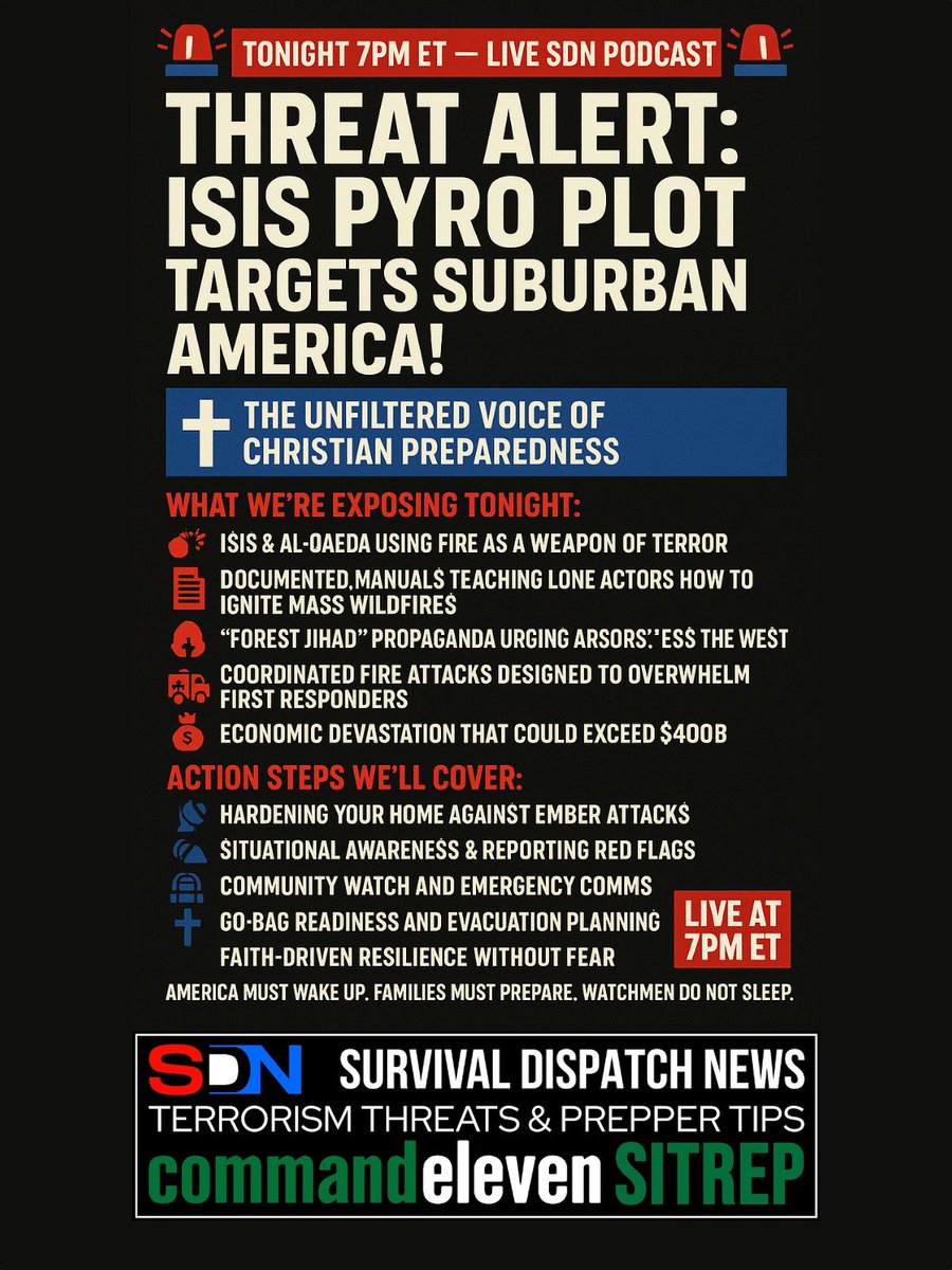 SurvivalReport's tweet image. 🚨 TONIGHT 7PM ET — LIVE SDN PODCAST 🚨 

Threat Alert: ISIS Pyro Plot Targets Suburban America! 

✝️ The Unfiltered Voice of Christian Preparedness

🔥 What we’re exposing tonight: 
• 🧨 ISIS &amp;amp; Al-Qaeda using fire as a weapon of terror 
• 📄 Documented manuals teaching lone…
