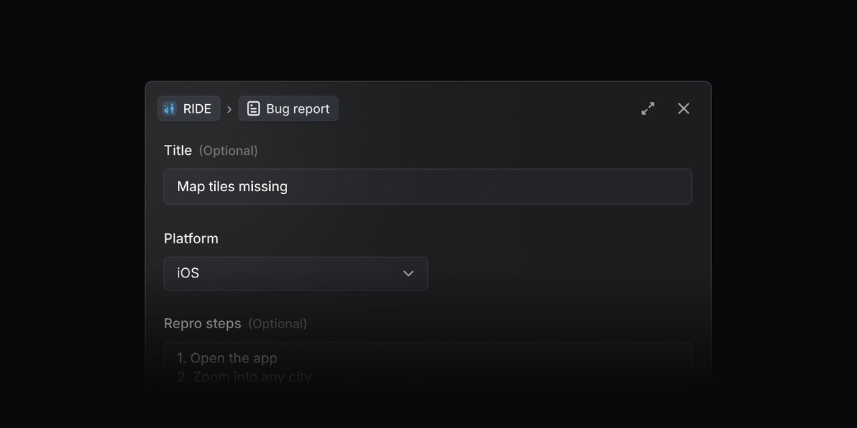 linear's tweet image. New: Form templates
Collect the right issue details with structured forms using text fields, dropdowns, checkboxes, and more. Ideal for intake flows like Linear Asks.