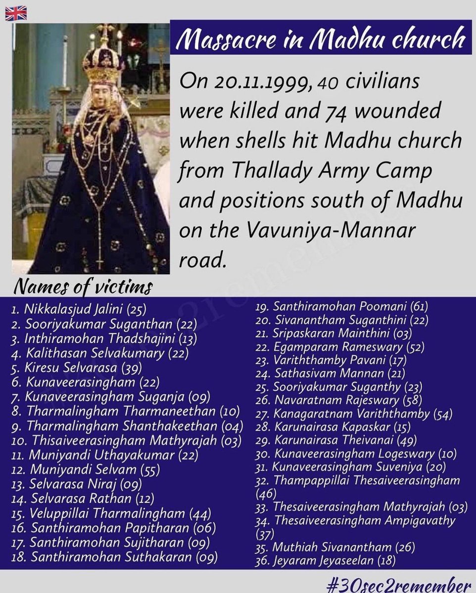 30sec2remember's tweet image. Nov 20, 1999 – Madhu Church Massacre:
40 civilians were killed and 74 wounded when Sri Lankan Army shells struck Madhu Church, a sanctuary where people sought safety.🕯️ 
#30sec2remember