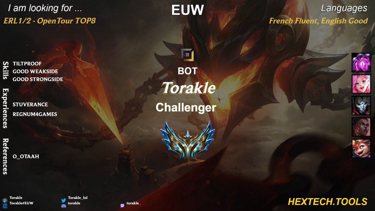 Torakle, 21, ADC 
LFT ERL1/2 or Top8 opentourfrance   

Grandmaster every seasons since s13. 
I got chall in S14 in korea, and started playing in team when I came back. 
I have been challenger for 3-4 months now and was playing in prm2. ↓