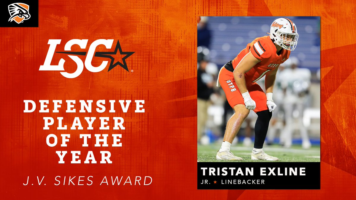 LoneStarConf's tweet image. UT Permian Basin junior linebacker Tristan Exline is the 2025 Lone Star Conference Football 𝒥.𝒱. 𝒮𝒾𝓀𝑒𝓈 𝒜𝓌𝒶𝓇𝒹 winner as the Defensive Player of the Year. 🏈🤩

🔗 bit.ly/3JOwAFc

#LSCfb #D2fb