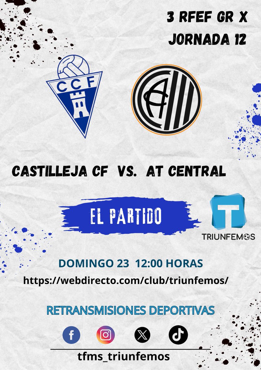 tfms_triunfemos's tweet image. PARTIDO DE TRIUNFEMOS  

3 FEDERACION GRUPO X
JORNADA 12

⚽️ @castilleja_cf 🆚 @ClubAtlCentral 
🗓️ Domingo 23 Noviembre 
⏰ 12:00 horas 
🏟️ Antonio Almendro 
📺 Triunfemos 
Enlace: 👇👇👇👇

webdirecto.com/club/triunfemo…