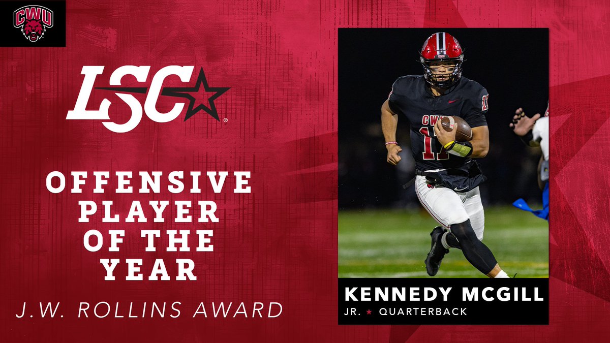 LoneStarConf's tweet image. Central Washington junior quarterback Kennedy McGill is the 2025 Lone Star Conference Football 𝒥.𝒲. 𝑅𝑜𝓁𝓁𝒾𝓃𝓈 𝒜𝓌𝒶𝓇𝒹 winner as the Offensive Player of the Year. 🏈🤩

🔗 bit.ly/3JOwAFc

#LSCfb #D2fb