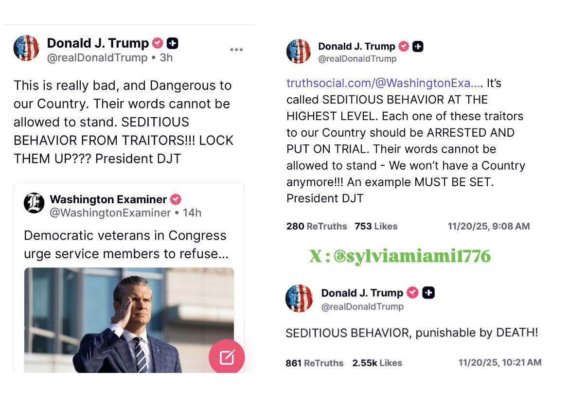 sylviamiami1776's tweet image. Post 🇫🇷 &amp;amp; 🇺🇸
🇫🇷🚨📣 Le Bras de Fer DURCIT entre Trump et les Démocrates. @realDonaldTrump accuse les Démocrates de SÉDITION et de TRAHISON. Il est temps que tout soit exposé et que les sanctions tombent…⏳⚖️‼️

Trump réagit à une vidéo publiée par plusieurs élus démocrates où…