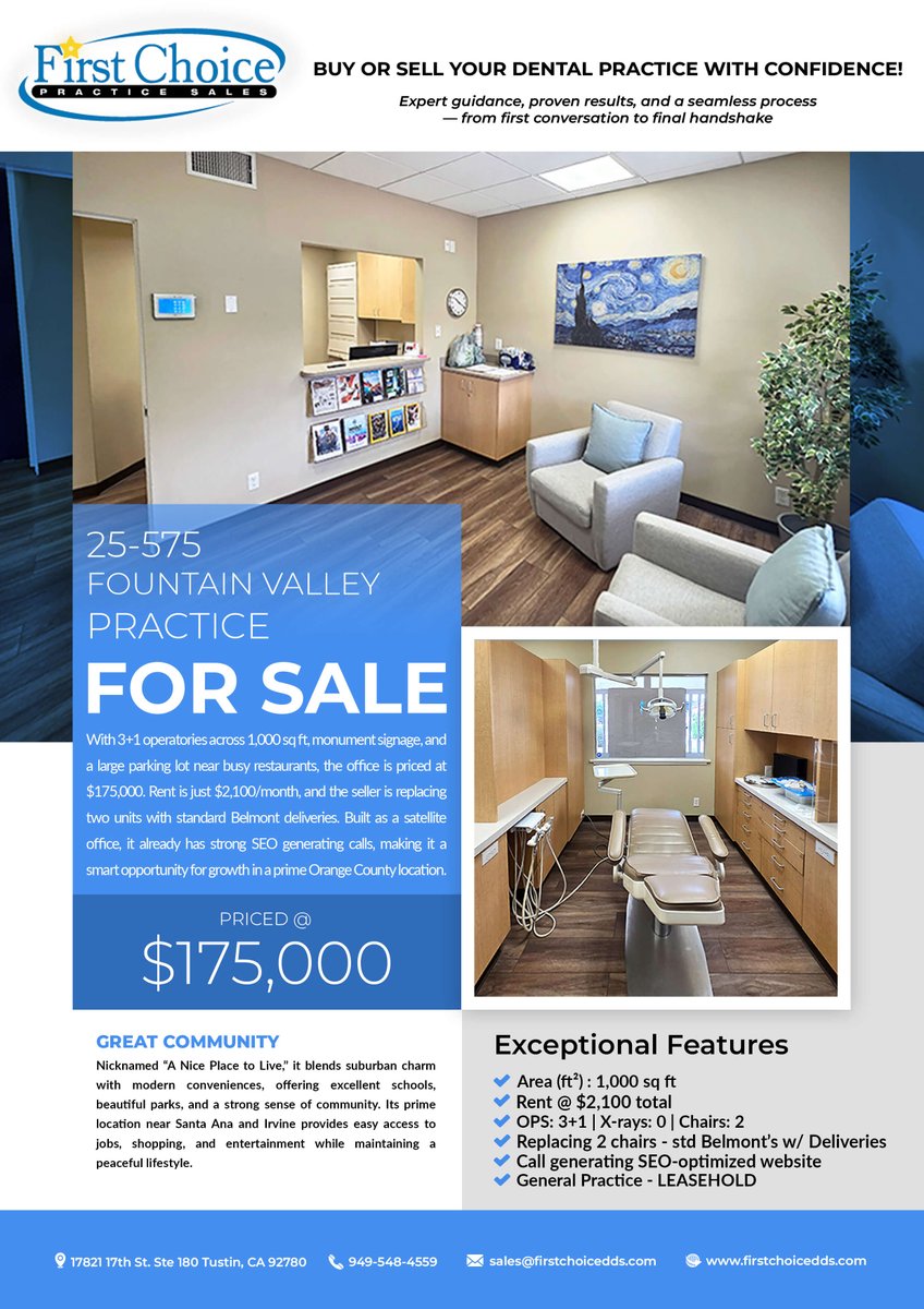 FirstChoicePS's tweet image. 🦷 Dental Office for Sale – Fountain Valley, CA

Modern operatories, loyal patient base &amp;amp; prime visibility in Orange County. Ideal for dentists ready to expand or step into ownership.

👉 firstchoicedds.com/dental-office-…

First Choice Practice Sales, Inc.
949-548-4559 |…