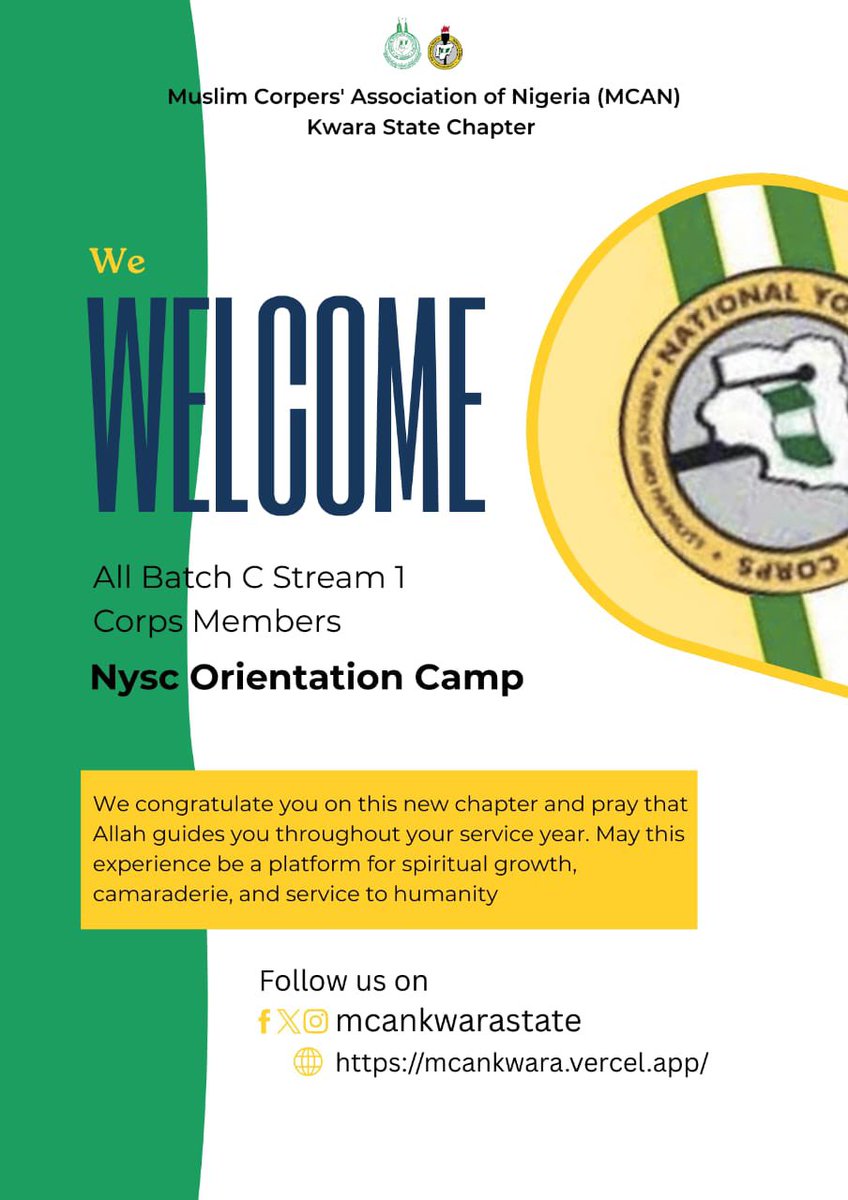 Mcankwarastate's tweet image. *WE WELCOME YOU ALL*

 _As-salaamu alaykum warahmatullahi wabarakatuh_ ✨

The Muslim Corpers' Association of Nigeria, Kwara State Chapter uses this medium to welcome all Muslim Corps members, Batch C Stream 1, to the NYSC Orientation Camp.
#nysc #mcan #muslimcorpers