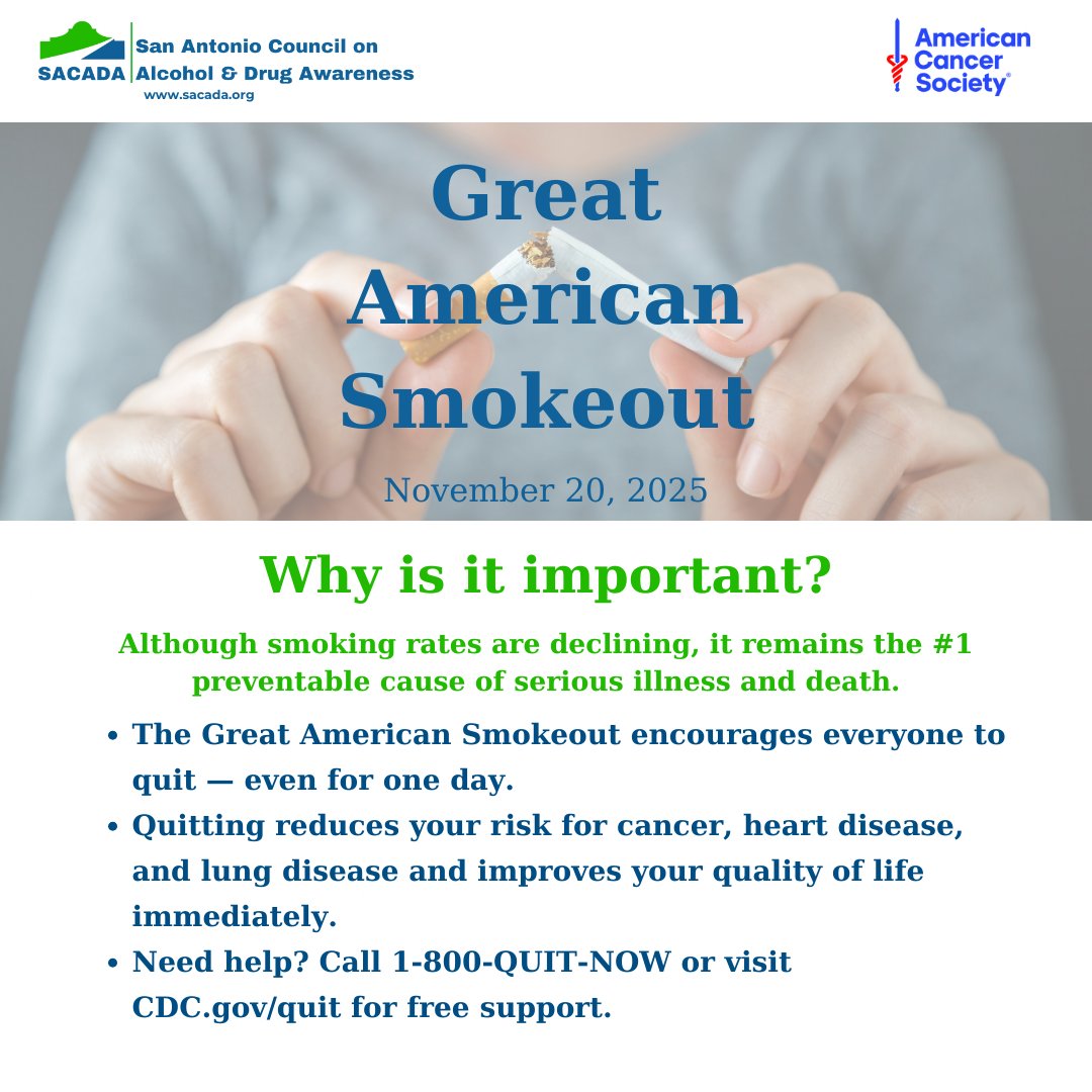 Join SACADA in honoring the Great American Smokeout 2025. Whether you’re thinking about quitting or already on your path, we’re cheering you on. #GreatAmericanSmokeout