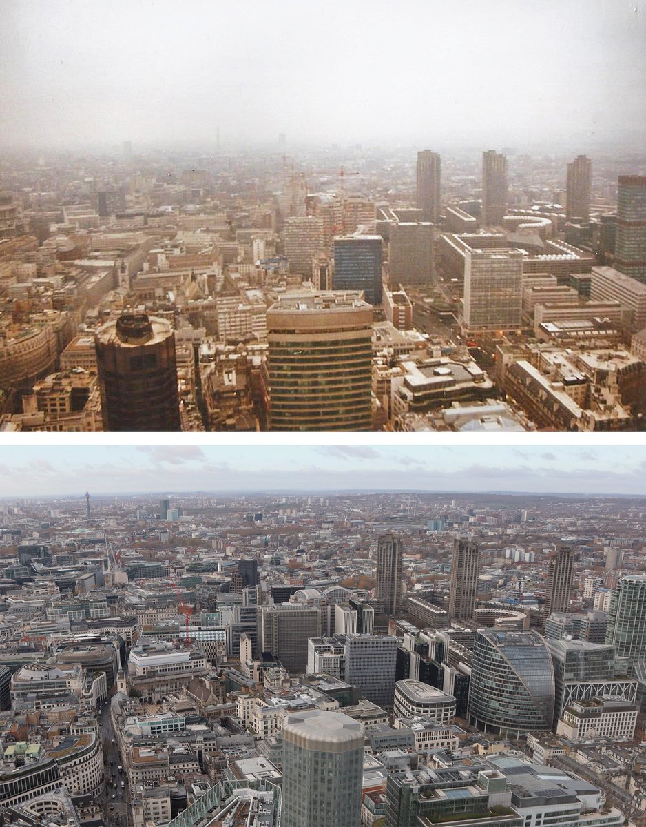PhilLucasAlt's tweet photo. 1/2 On a foggy day in 1990 I was lucky enough to go up the NatWest Tower in London (now called Tower 42). I had a poor quality camera with me. 
Yesterday, 35 years later &amp; just across the road I went up The Lookout @ 8 Bishopsgate &amp; then @horizon22B. 

Here are some then &amp; nows. https://t.co/RgKVZLr5eR