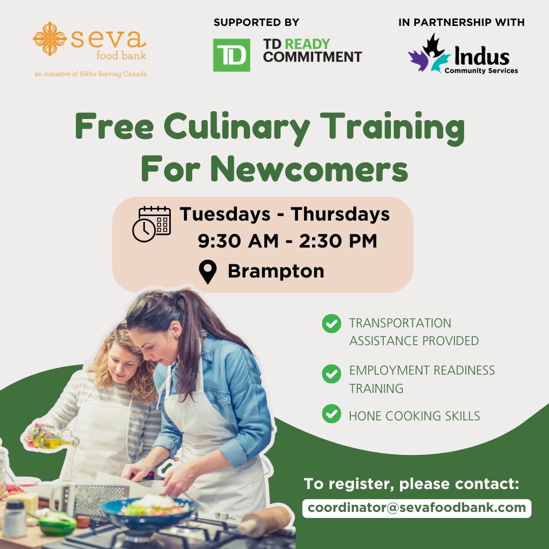 Indus_Helps's tweet image. 🔥 Are you passionate about cooking?

Turn your passion into a career! 🍳 Join our FREE 10-week Culinary &amp;amp; Employment Skills Training in Brampton. Limited spots available—register now! 📩 coordinator@sevafoodbank.com
.
.
#CulinaryTraining #CookingSkills #FreeProgram #FoodBank