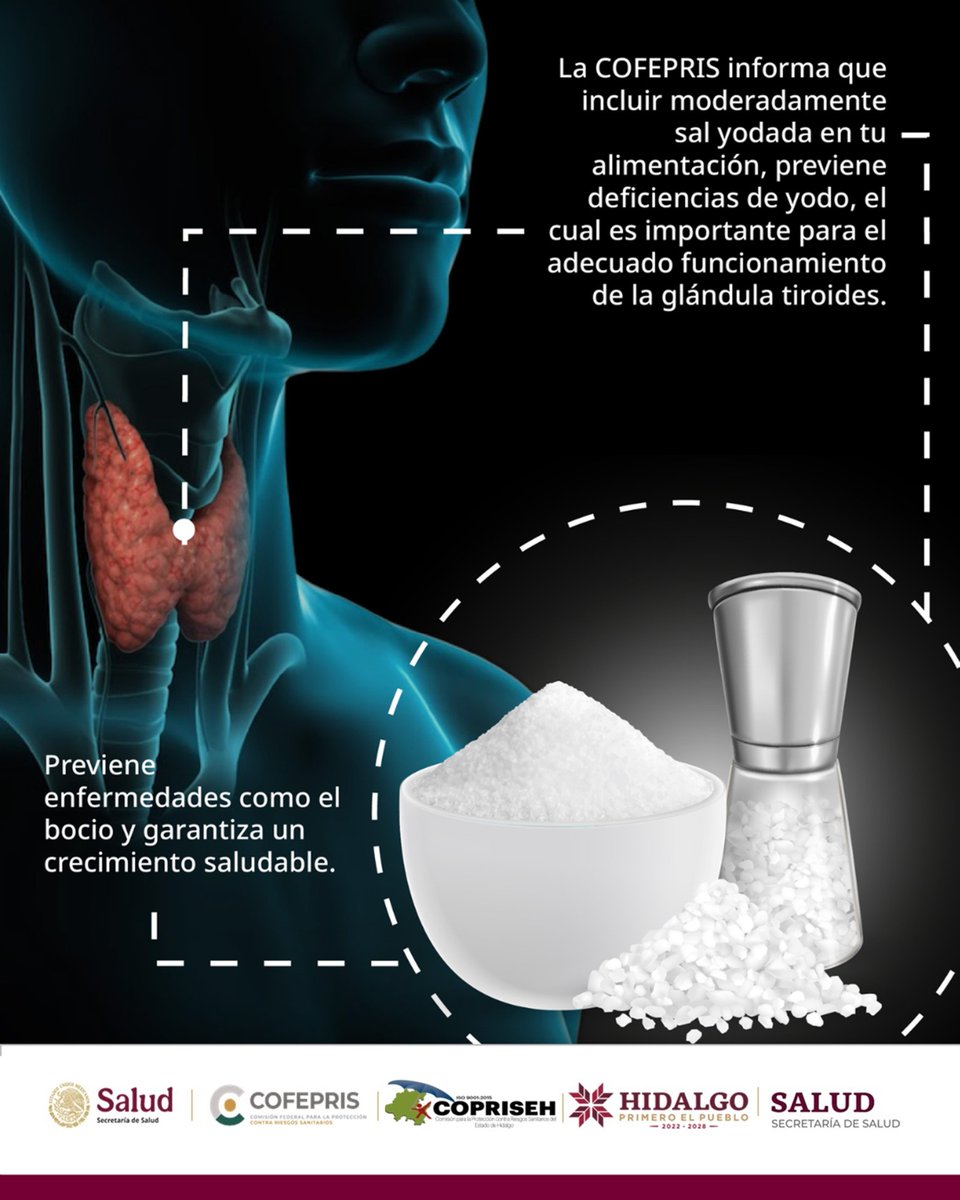 coprisehgo's tweet image. ¿Sabías que usar sal yodada con moderación ayuda a cuidar tu tiroides?  Inclúyela en tu dieta y previene deficiencias de yodo. #SalYodada #CuidaTuSalud 
#PrimeroElPueblo  #PrimeroTuSalud