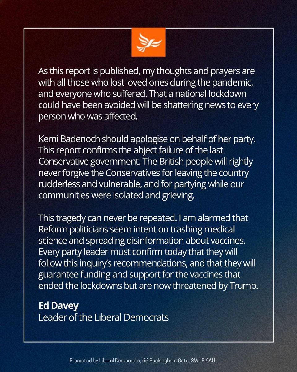 LibDems's tweet image. The news that a national lockdown could have been avoided is shattering. Kemi Badenoch should apologise on behalf of the Conservatives. 

People will never forgive them for partying while they left the country vulnerable and grieving.