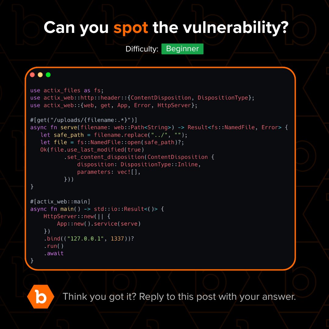 Bugcrowd's tweet image. Can you spot the vulnerability?🕵️‍♂️

Reply with your answer👇