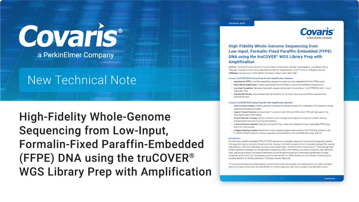 Covaris's tweet photo. High-fidelity sequencing from challenging FFPE and high-quality DNA is possible with truCOVER® WGS Library Prep with Amplification. Minimize GC bias and get reliable variant detection.
📄 Read the Tech Note: https://t.co/lyI81Aj9T0

#WGS #NGS #VariantDetection #LibraryPrep https://t.co/BZeUcU3dZ3